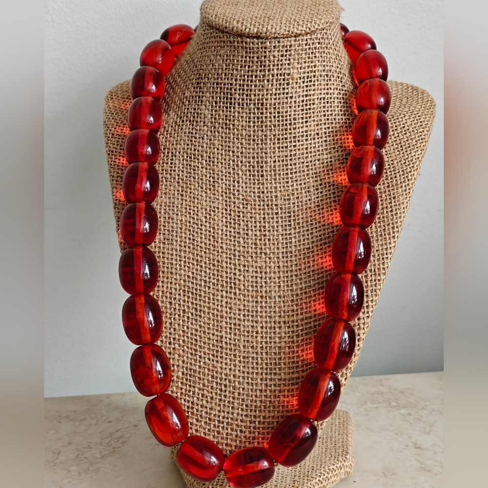 Vintage Cherry Amber Tone Lucite Faux Bakelite Long Necklace